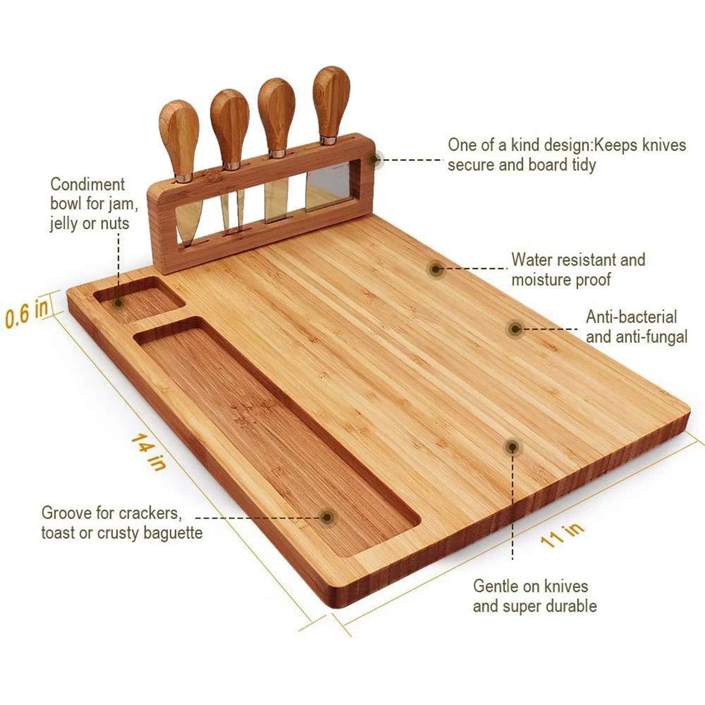 Bamboo Charcuterie Cheese Board and Stainless Knife Set