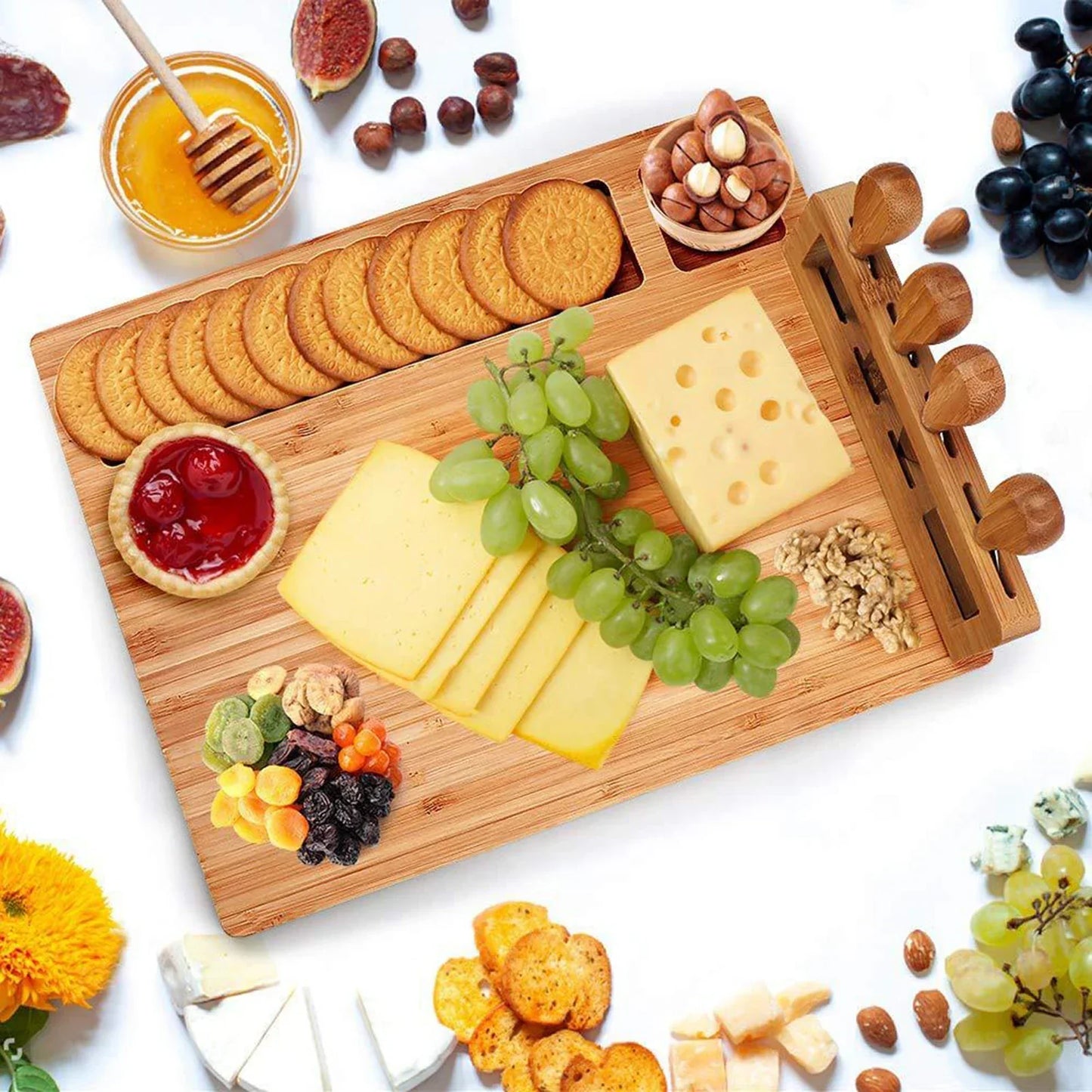 Bamboo Charcuterie Cheese Board and Stainless Knife Set