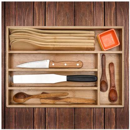 5 Compartments Bamboo Wood Cutlery Drawer Organizer Tray