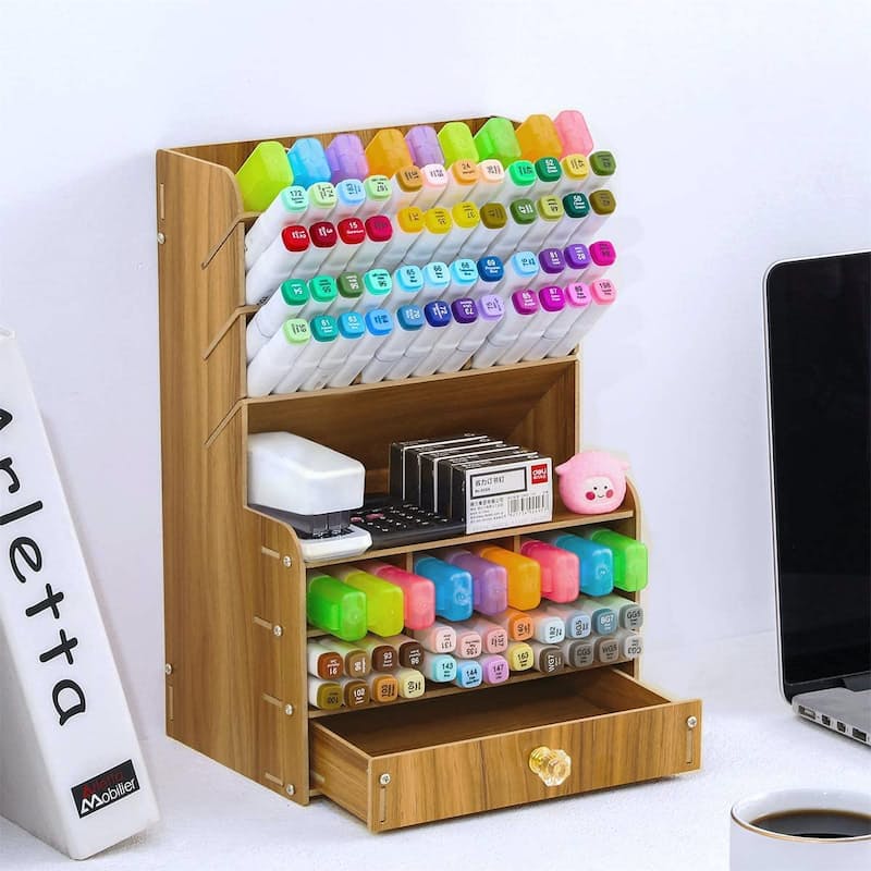 17 Compartment Wooden Desktop Stationery Organiser