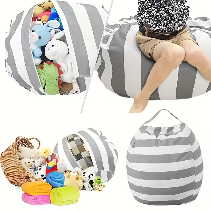 Striped Plush Toy Storage Bag – Cotton Canvas Organizer