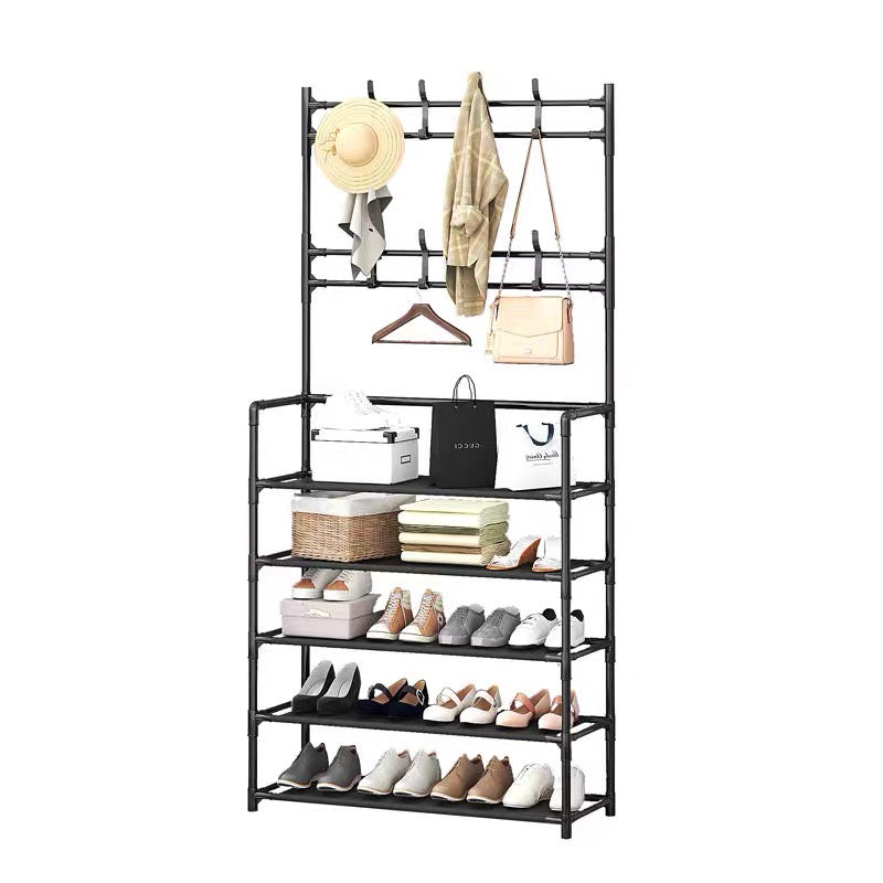 Multifunction 5-Tier Coat & Shoe Shelf Rack Organizer With 8 Hooks - Black