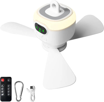 Portable Ceiling Camping Fan with Light – 8000mAh Battery, Remote Control Timer