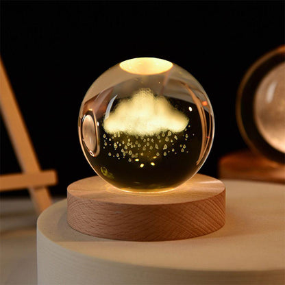 3D Galaxy Crystal Ball LED Night Light With Wooden Base