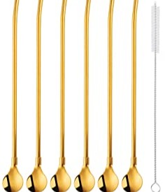 6pc Stainless Steel Drinking Straws with Spoon - Gold