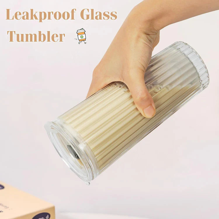 Ribbed Glass Tumbler with Lid and Straw – Leak-Proof, Reusable, Stylish