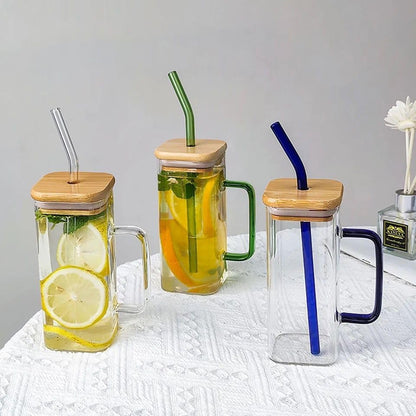 350ml Square Glass with Wood Lid and Straw