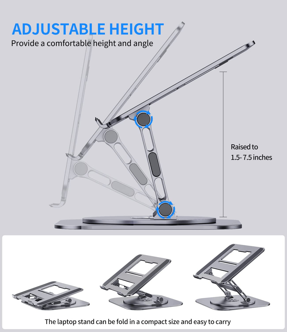 Adjustable Metal Laptop Stand with 360° Rotating Base