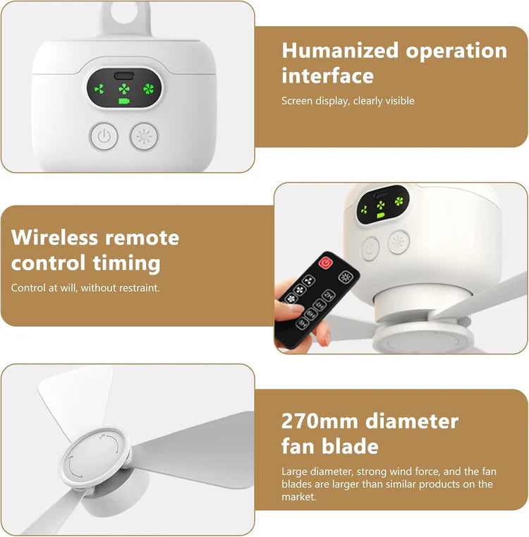 Portable Ceiling Camping Fan with Light – 8000mAh Battery, Remote Control Timer
