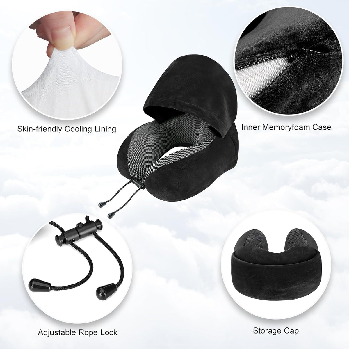 Velvet Memory Travel Neck Pillow with Hood&nbsp;
