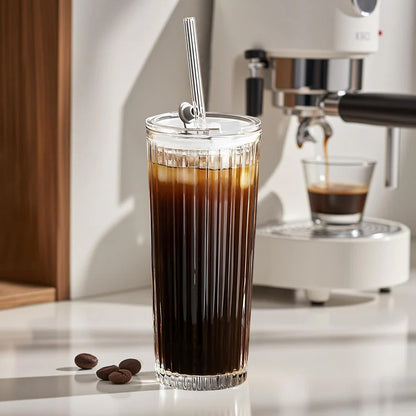 Ribbed Glass Tumbler with Lid and Straw – Leak-Proof, Reusable, Stylish