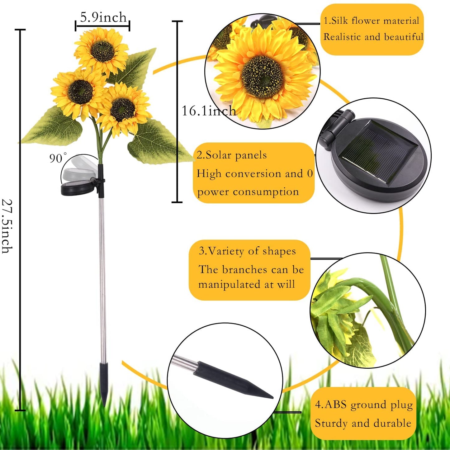 2 Pack Solar Garden Light With 3 Sunflowers