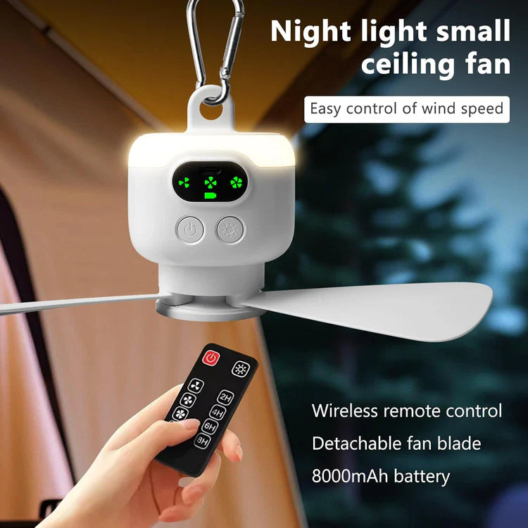 Portable Ceiling Camping Fan with Light – 8000mAh Battery, Remote Control Timer