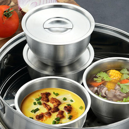 SteamServe 3‑Piece Stainless Steel Steaming Bowl Set with Lids