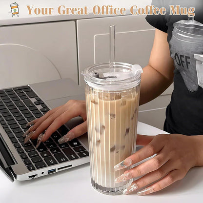 Ribbed Glass Tumbler with Lid and Straw – Leak-Proof, Reusable, Stylish