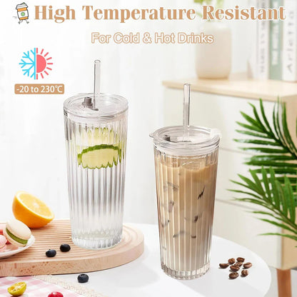 Ribbed Glass Tumbler with Lid and Straw – Leak-Proof, Reusable, Stylish