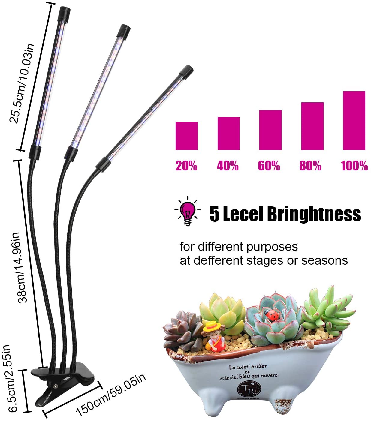 3-Head Grow Light for Indoor Plants