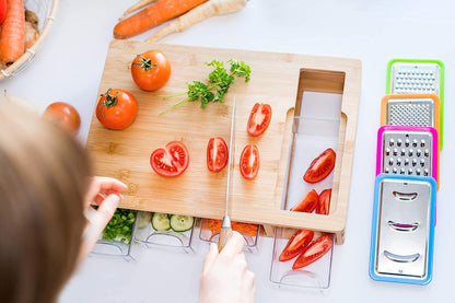 Clean House - Bamboo Chopping Board with 4 Storage Containers & 4 Graters