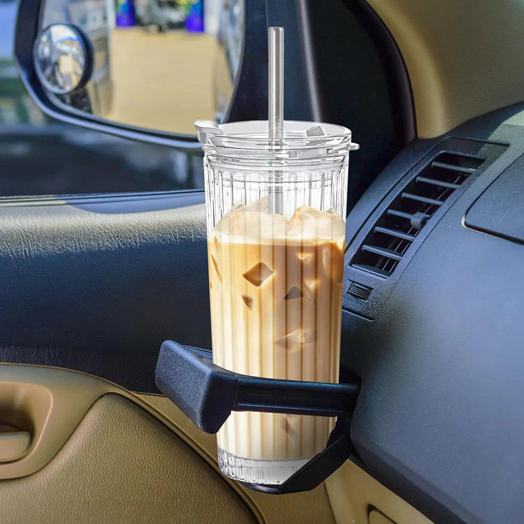 Ribbed Glass Tumbler with Lid and Straw – Leak-Proof, Reusable, Stylish