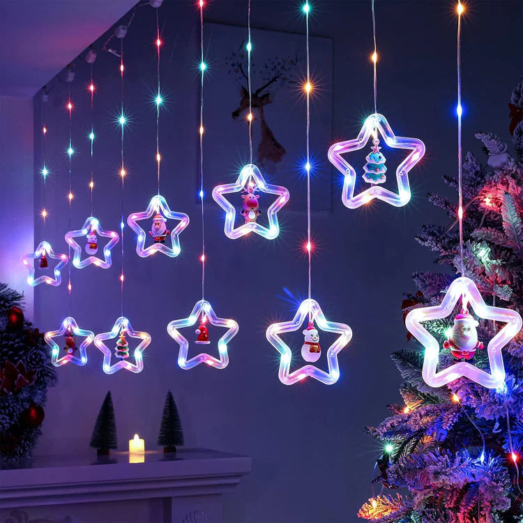 Festive Star Christmas Curtain String Lights – 3M, 120 LEDs, USB Powered, Remote Controlled
