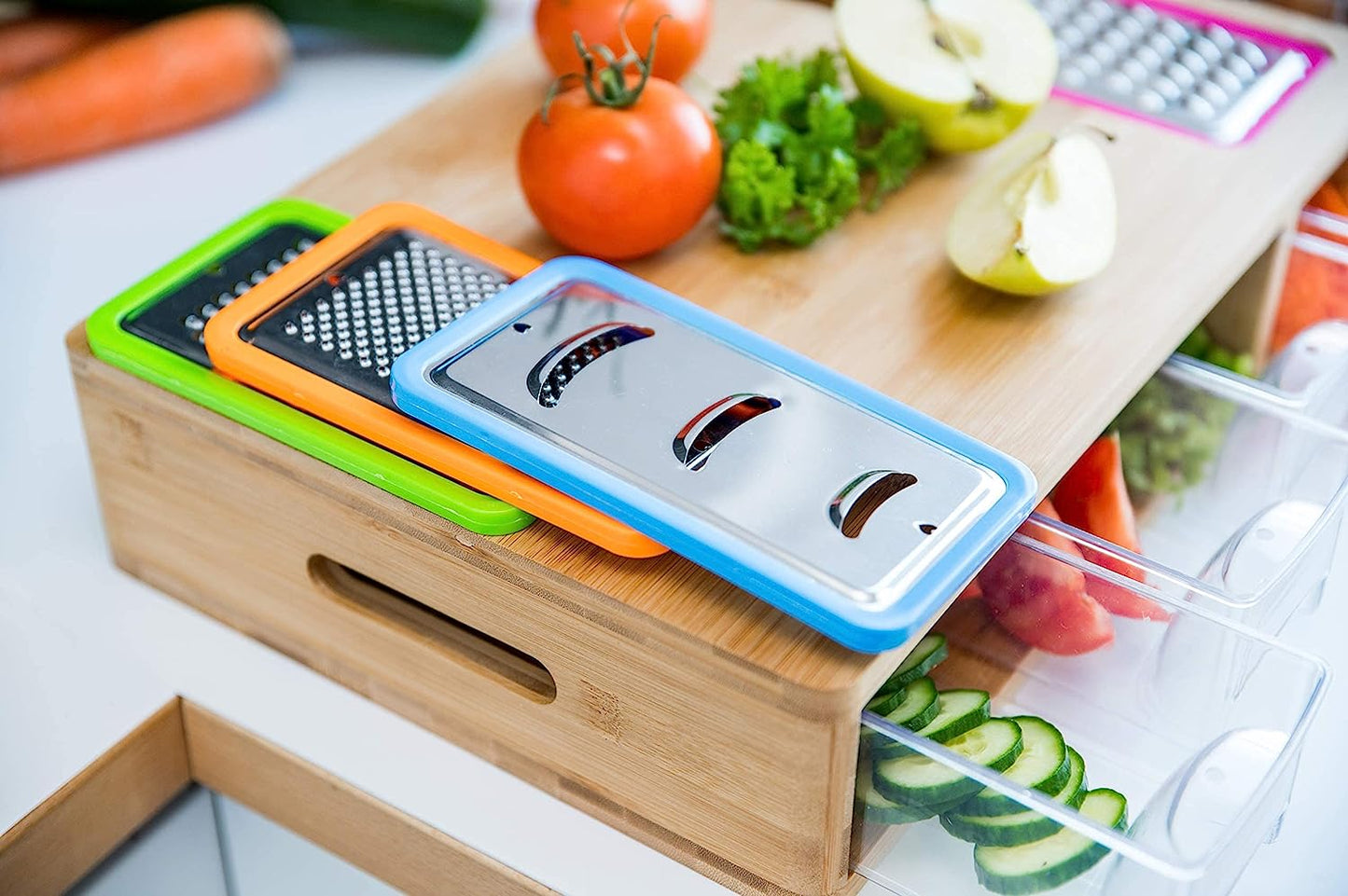 Clean House - Bamboo Chopping Board with 4 Storage Containers & 4 Graters