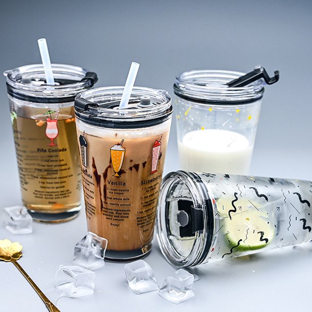 450ML Glass Straw Cup with Scale Transparent Graffiti Style