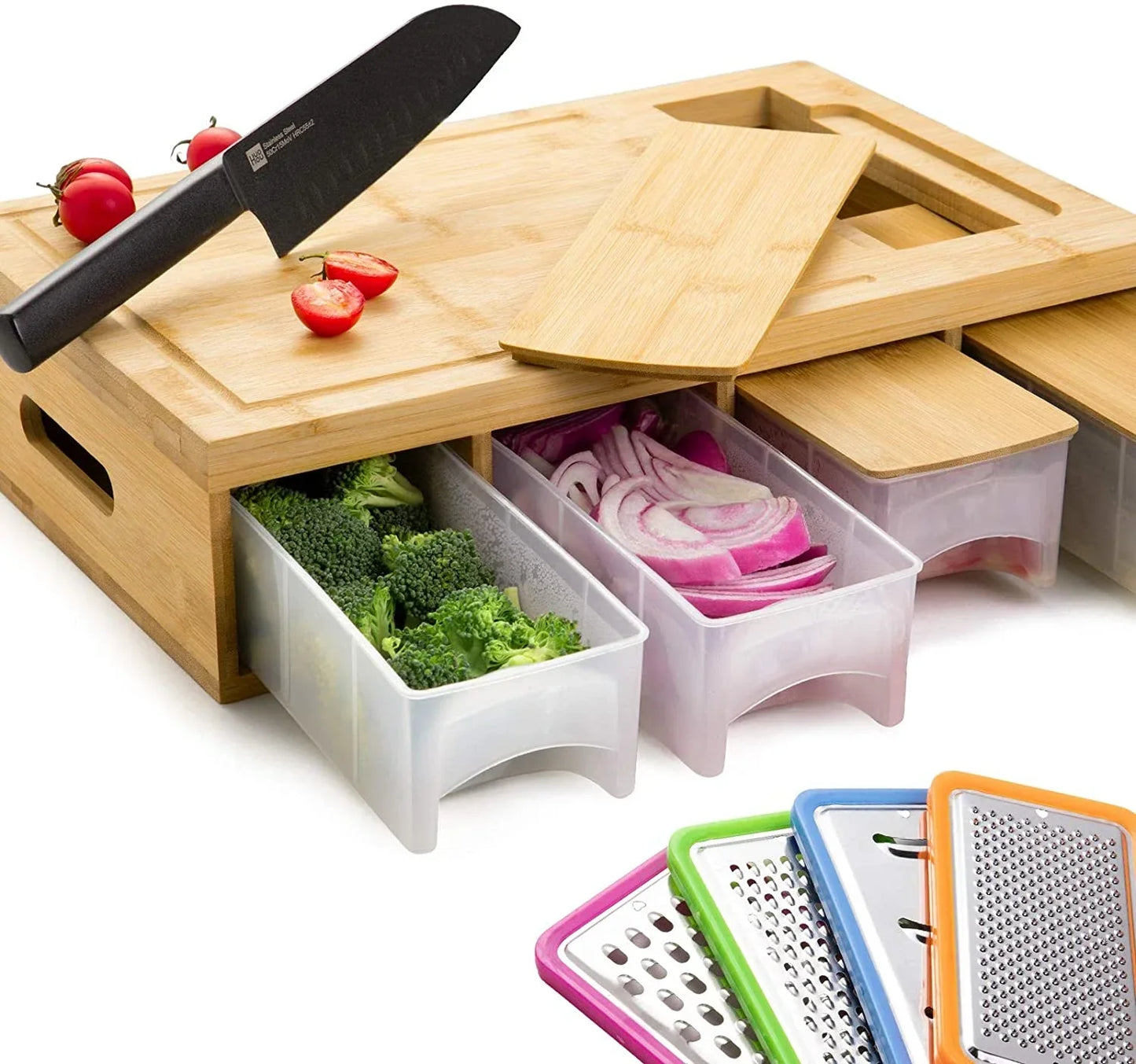 Clean House - Bamboo Chopping Board with 4 Storage Containers & 4 Graters