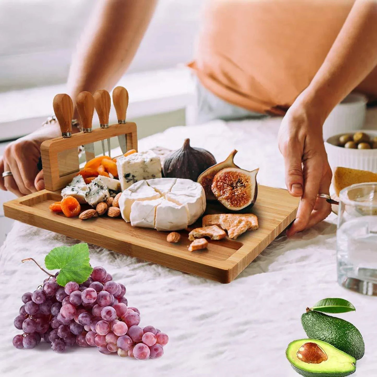 Bamboo Charcuterie Cheese Board  and Stainless Knife Set