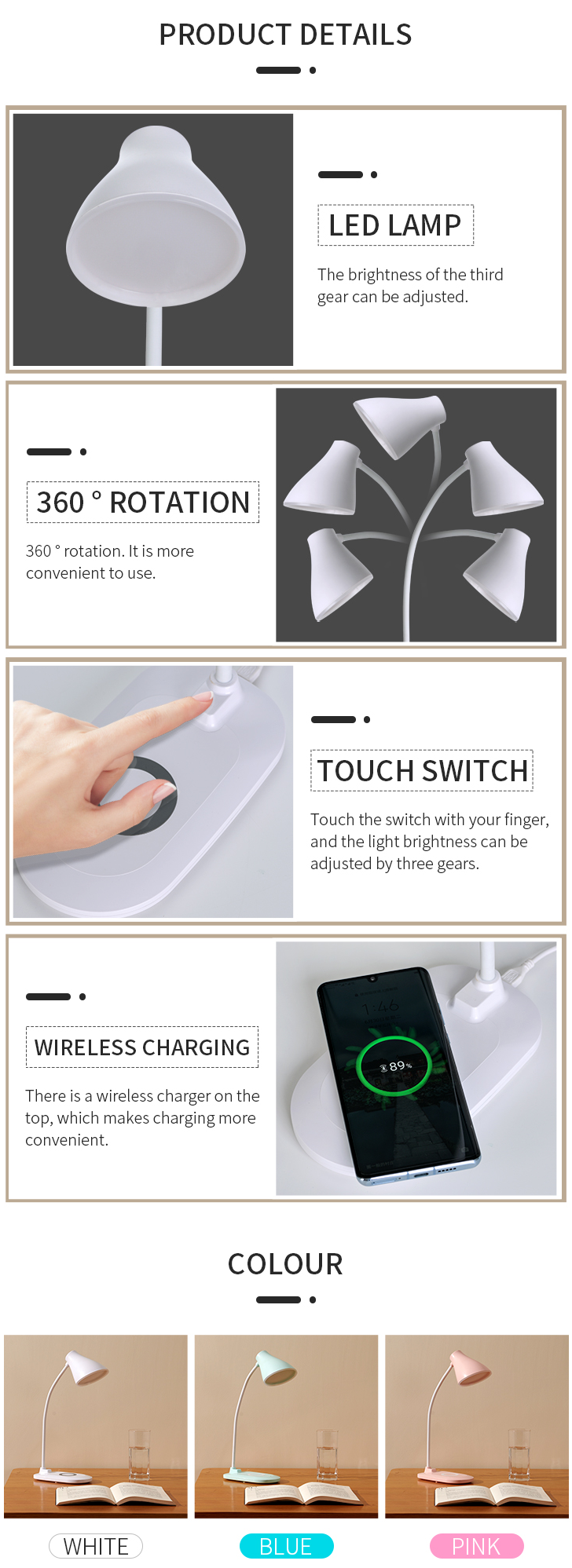 360 Rotation  Desk Light with Wireless Charger