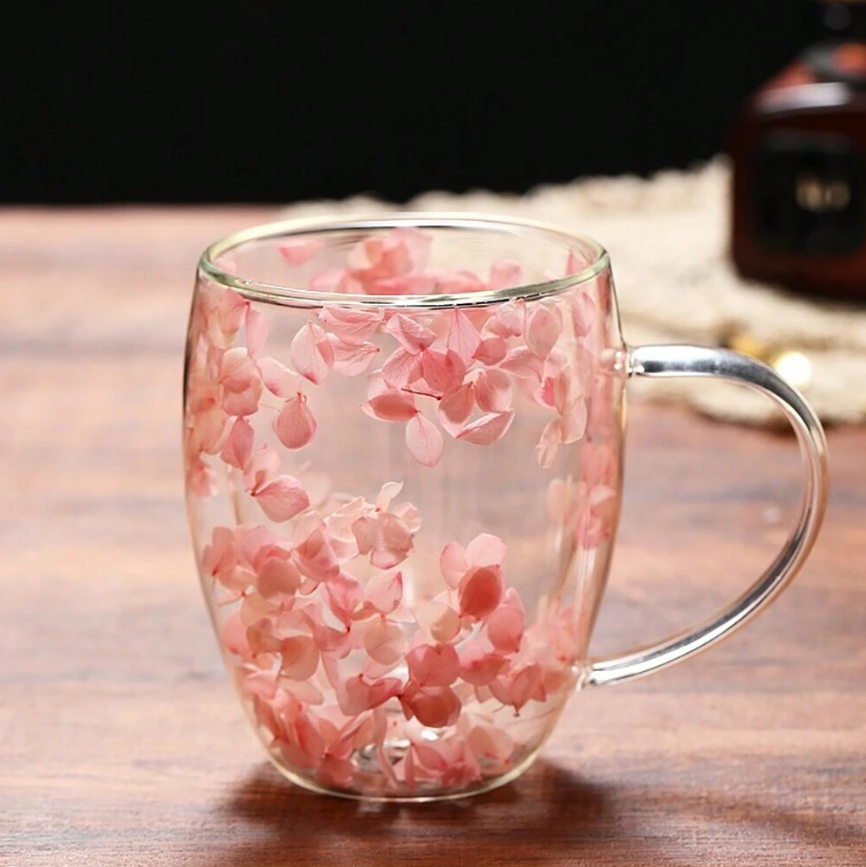 350ml Flower Petals Double Walled Glass Coffee Mug