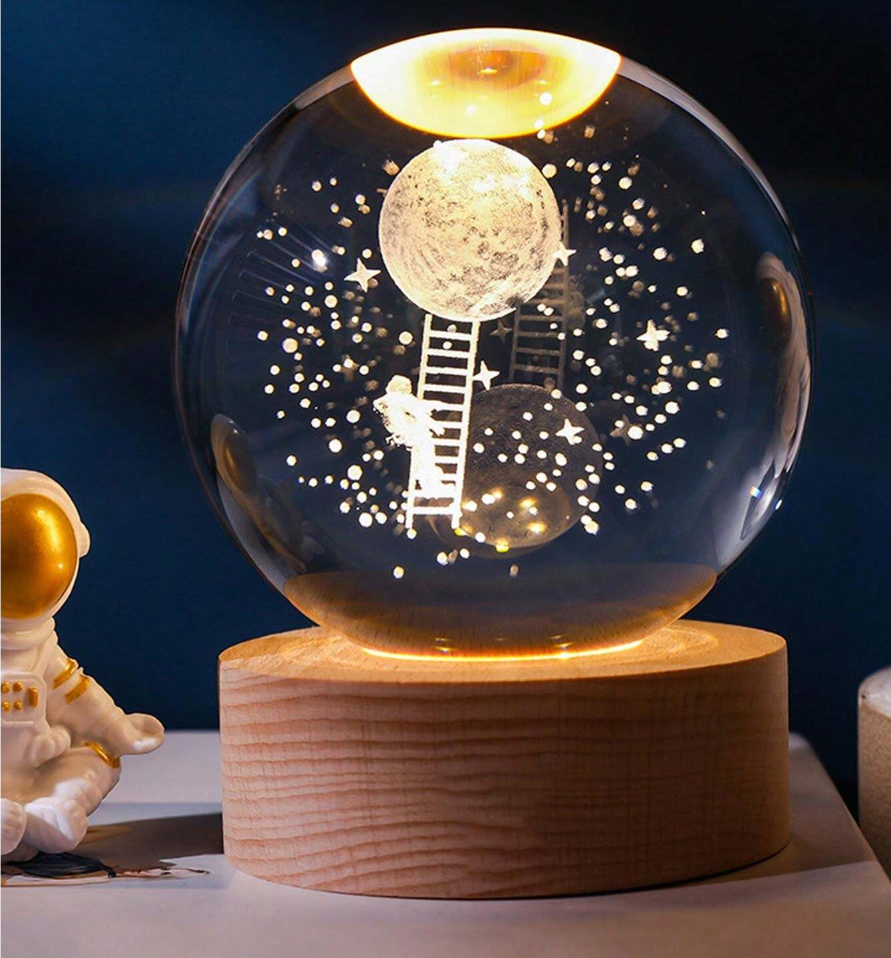 3D Galaxy Crystal Ball LED Night Light With Wooden Base