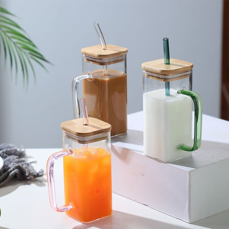 350ml Square Glass with Wood Lid and Straw