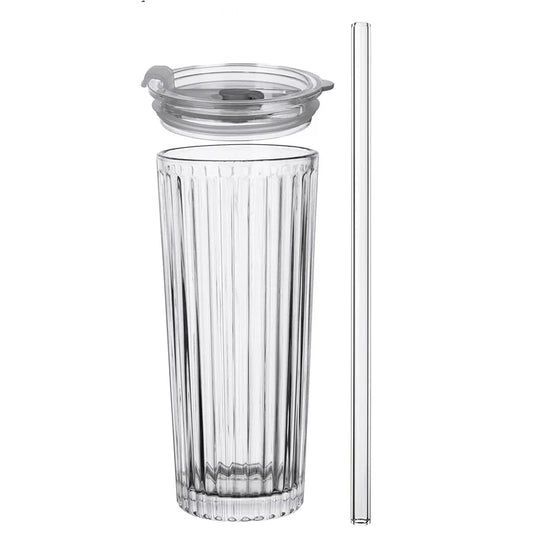 Ribbed Glass Tumbler with Lid and Straw – Leak-Proof, Reusable, Stylish