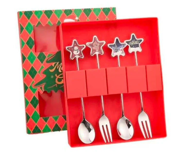 4-Piece Christmas Dessert Cutlery Set with Decorative Handles