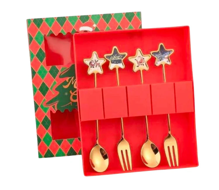 4-Piece Christmas Dessert Cutlery Set with Decorative Handles
