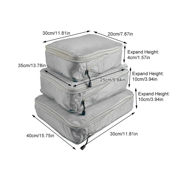 3Pcs Travel Storage Bag Compressible Packing Cubes