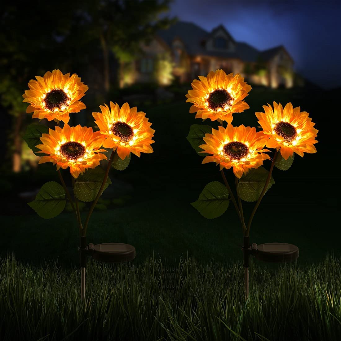 2 Pack Solar Garden Light With 3 Sunflowers