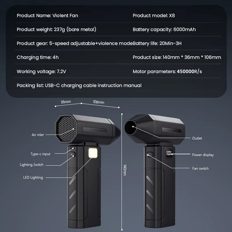 X8 Turbo Dust Blower – 450,000 RPM, 5-Speed, 6000 mAh Battery