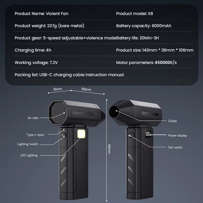 X8 Turbo Dust Blower – 450,000 RPM, 5-Speed, 6000 mAh Battery