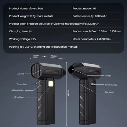 X8 Turbo Dust Blower – 450,000 RPM, 5-Speed, 6000 mAh Battery